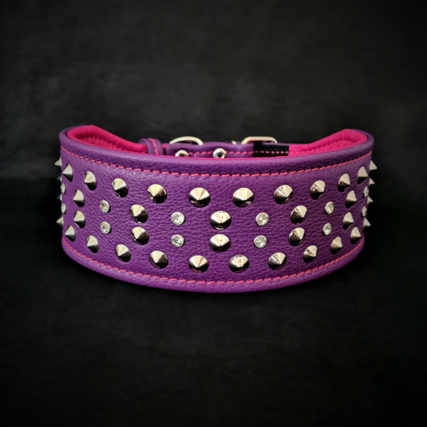 Zgarda Bestia Crystal din Piele Naturală, L, Violet/Roz pentru Câini