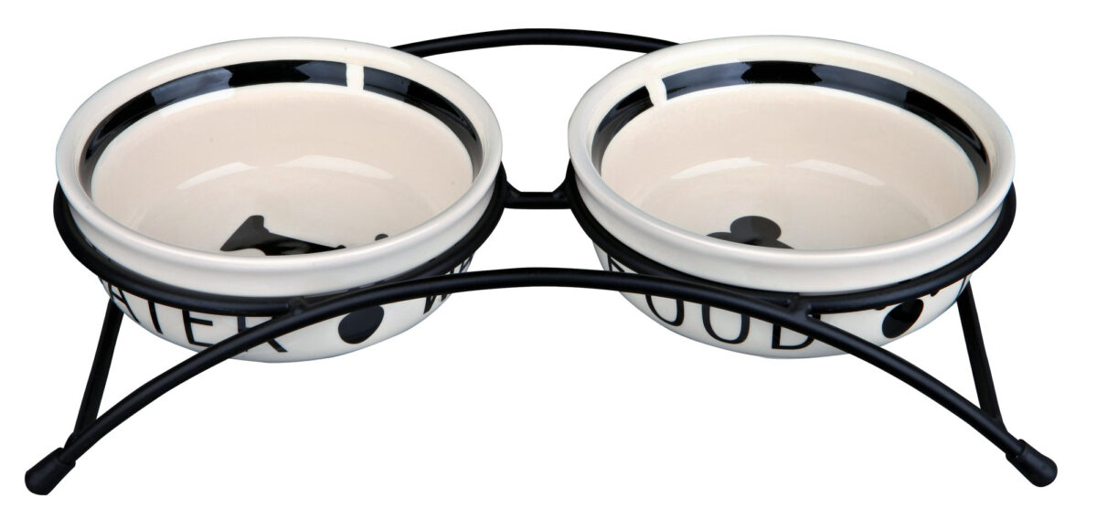 Set 2 Castroane Ceramice Trixie cu Suport Metalic, 0.25L, Alb/Negru