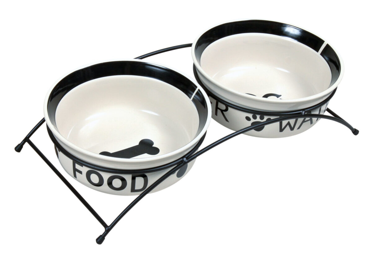 Set 2 Castroane Ceramice Trixie cu Suport Metalic, Alb/Negru, 1.6 l