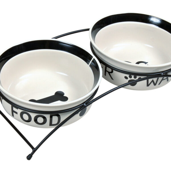 Set 2 Castroane Ceramice Trixie cu Suport Metalic, Alb/Negru, 1.6 l