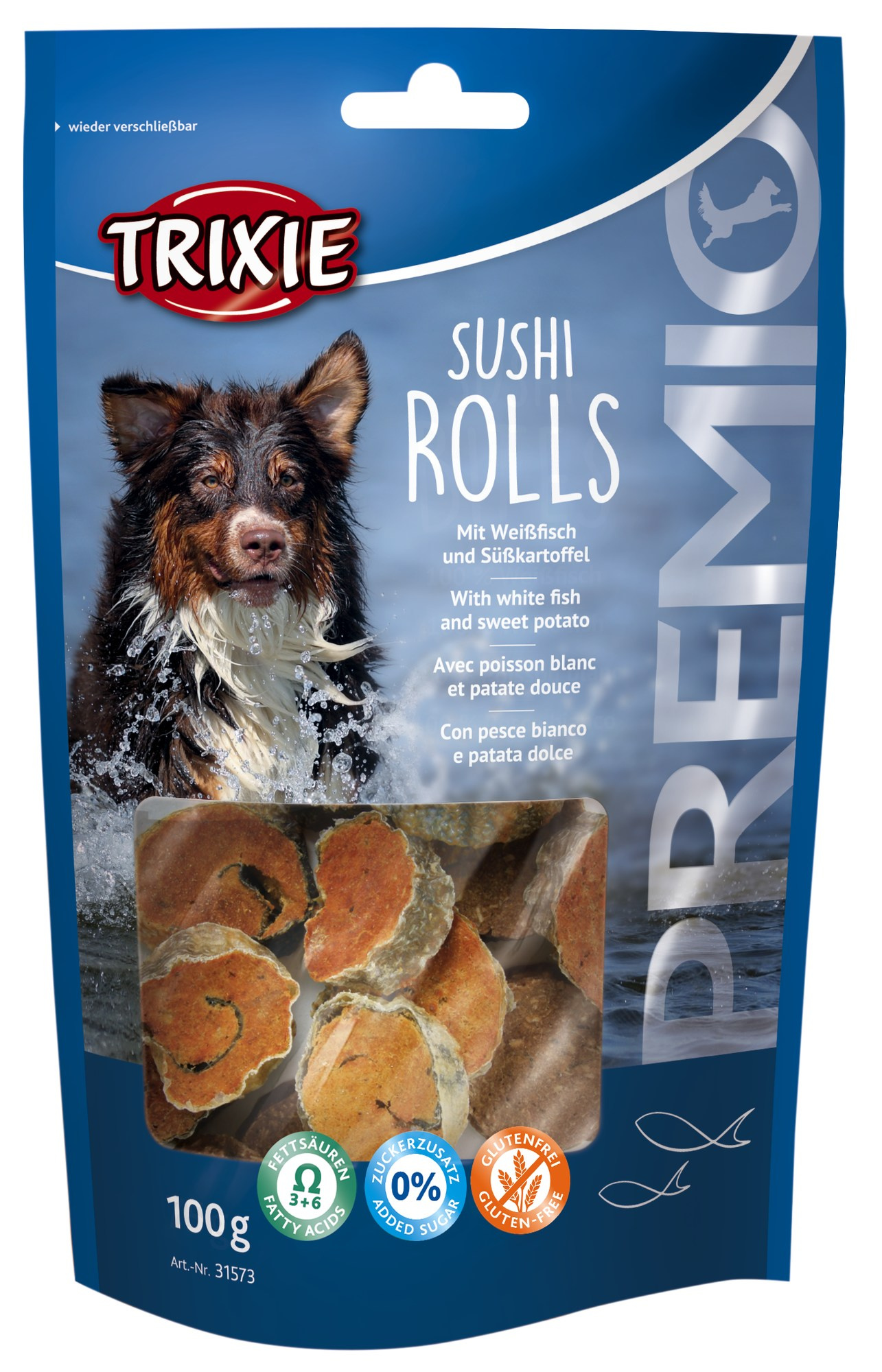 Recompense Trixie pentru câini - Rulouri Sushi cu 90% pește, 100g Recompense Trixie pentru câini - Rulouri Sushi cu 90% pește, 100g