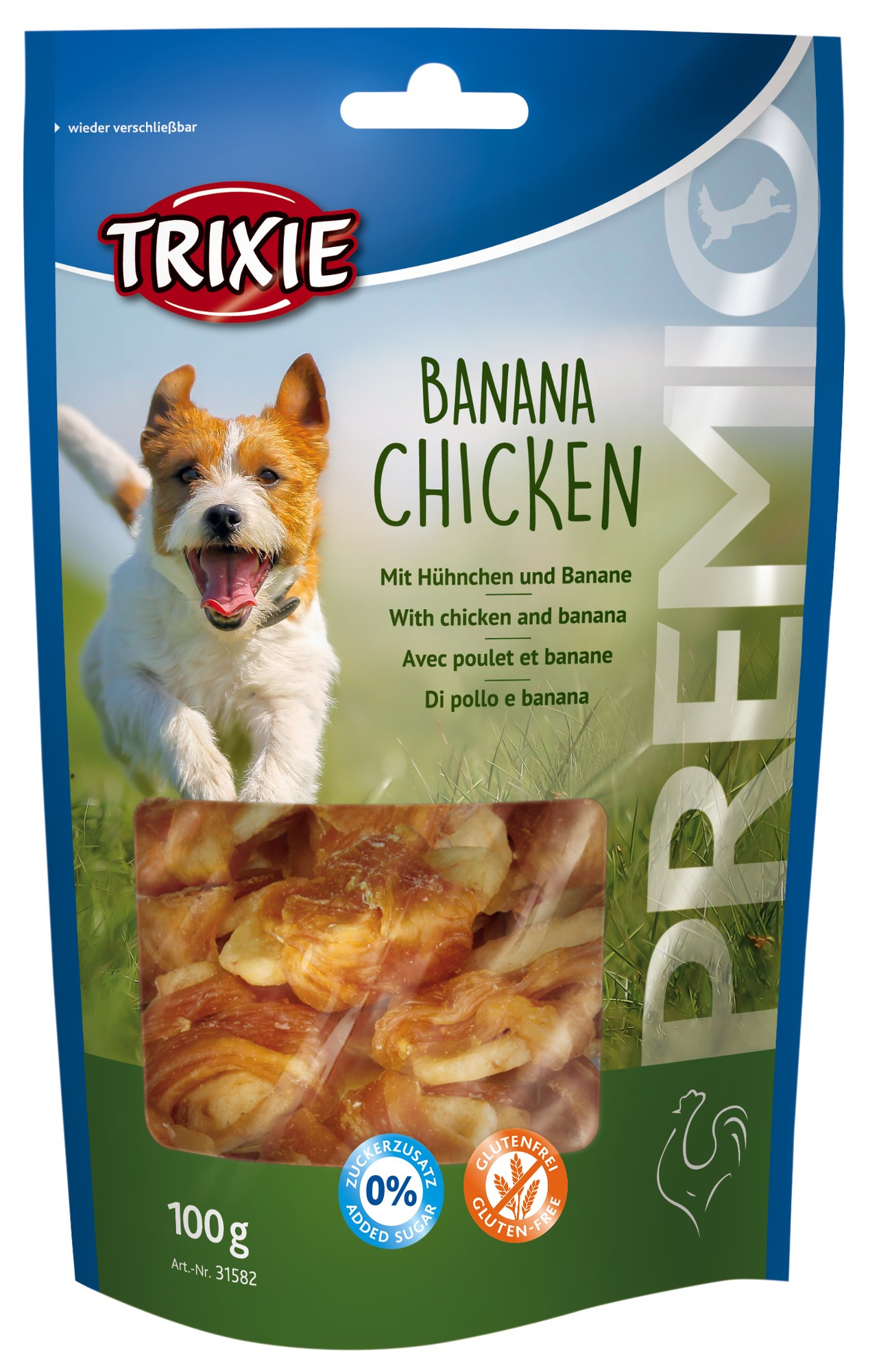 Recompense Câini Trixie cu Pui și Banane, 100g - Fără Gluten și Zahăr Recompense Câini Trixie cu Pui și Banane, 100g - Fără Gluten și Zahăr