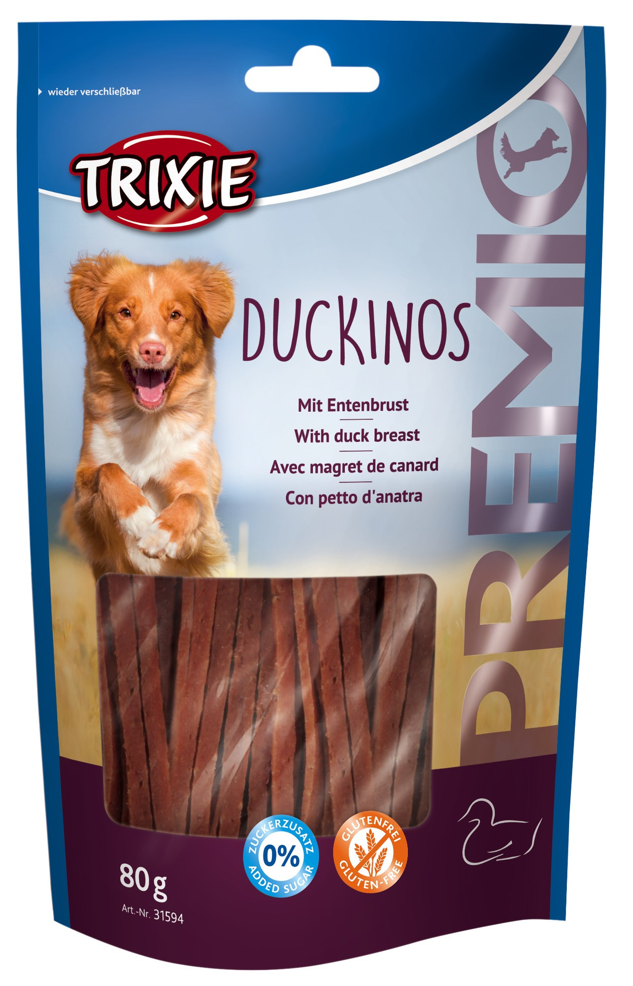 Recompense pentru câini Trixie - Fâșii cu rață, 80 g, fără zahăr Recompense pentru câini Trixie - Fâșii cu rață, 80 g, fără zahăr