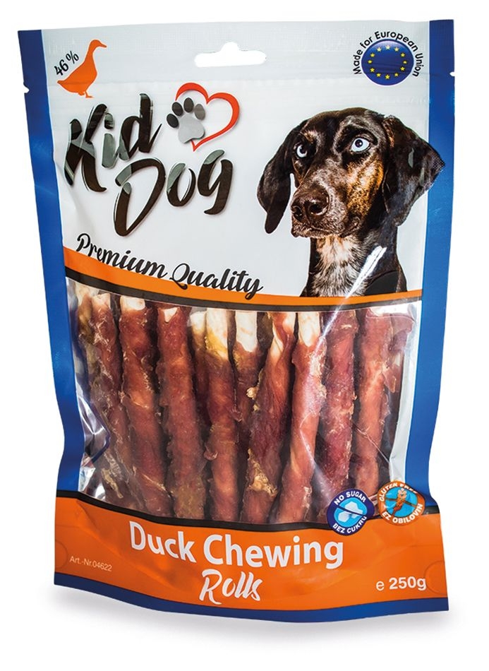 Recompense pentru câini cu rață și piele de bivol, 250 g - KidDog Recompense pentru câini cu rață și piele de bivol, 250 g - KidDog