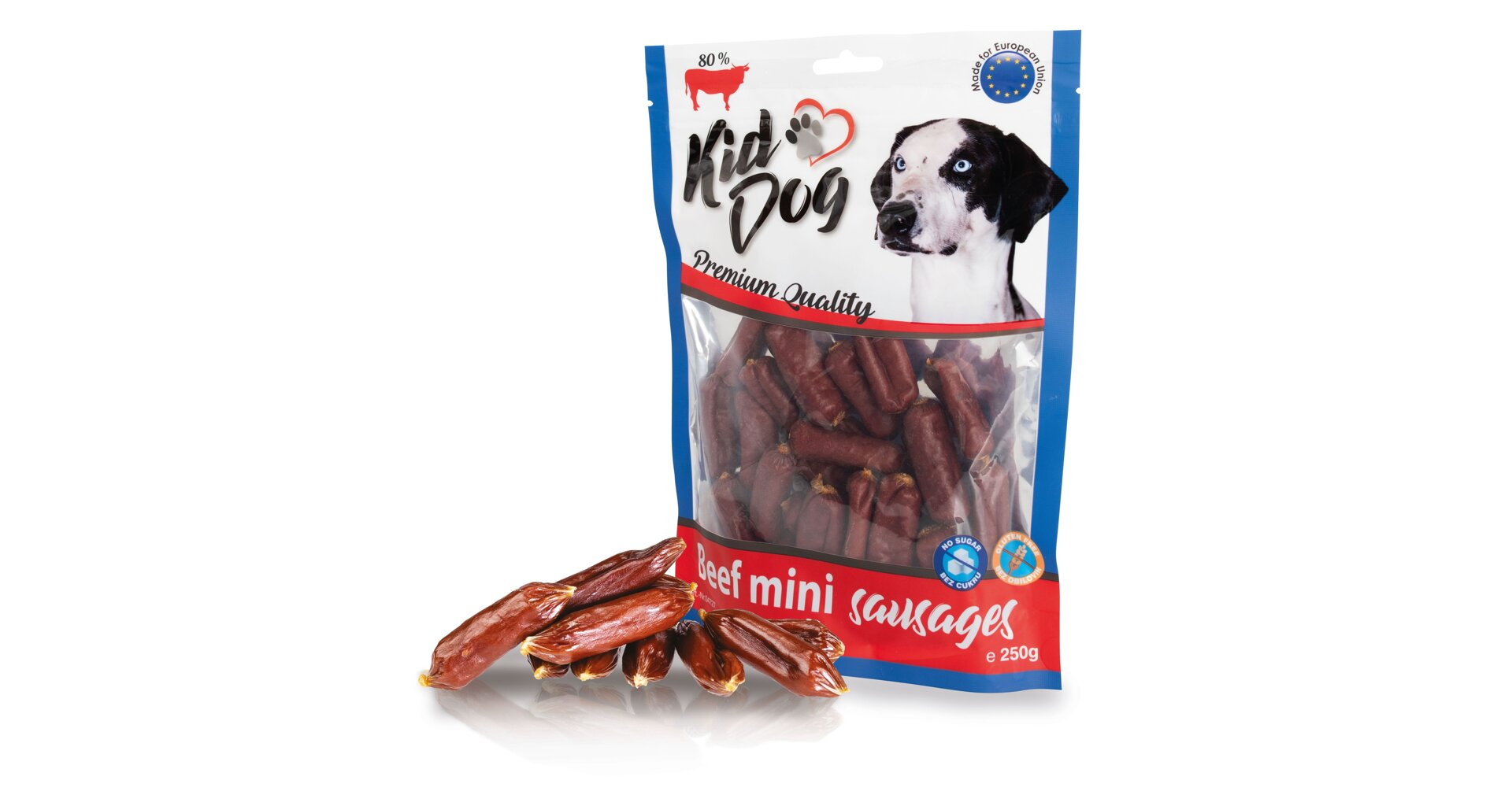 Mini cârnați de vită pentru câini - recompensă delicioasă 250 g KidDog Mini cârnați de vită pentru câini - recompensă delicioasă 250 g KidDog