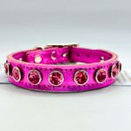 Zgarda Fuchsia Metalizat din Piele Naturala cu Cristale Premium A pentru Caini si Pisici - imagine 3