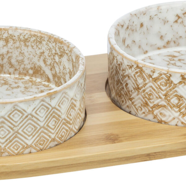 Set 2 Castroane Ceramice cu Suport Bambus pentru Câini Mici - Alb/Maro