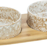 Set 2 Castroane Ceramice cu Suport Bambus pentru Câini Mici, Alb/Maro