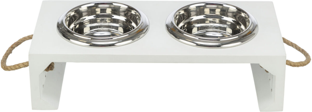 Set 2 Castroane Inox cu Suport Lemn MDF, Alb, pentru Pisici și Câini