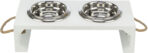 Set 2 Castroane Inox cu Suport Lemn MDF, Alb, pentru Pisici și Câini