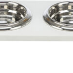 Set 2 Castroane Inox cu Suport Lemn MDF, Alb, pentru Pisici și Câini