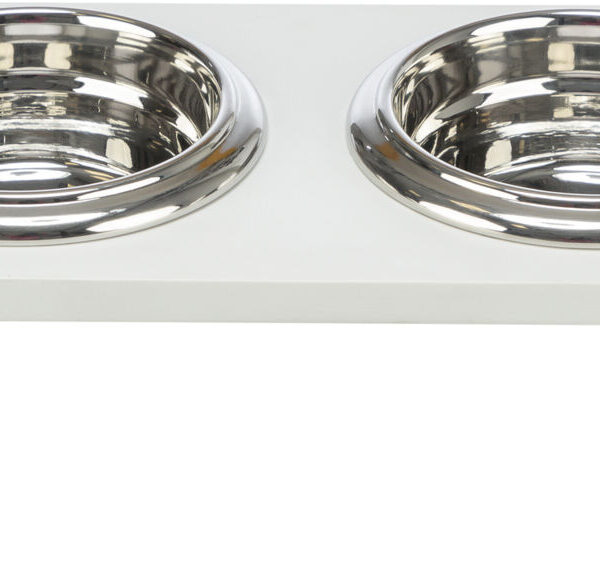 Set 2 Castroane Inox cu Suport Lemn MDF, Alb, pentru Pisici și Câini