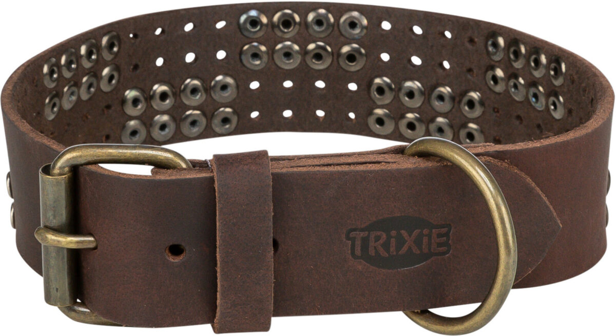 Zgarda Trixie Rustic din Piele cu Nituri pentru Câini Mari, Maro, XL