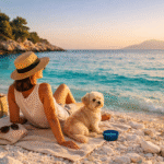 A dreamy travel scene on a white marble beach in Thassos, Greece, turquoise crystal clear water, golden hour light, a woman relaxing on a beige towel with her small fluffy dog sitting next to her, natural candid photography, warm tones, Mediterranean summer atmosphere, cinematic, high resolution, 16:9 ratio, lifestyle travel photography