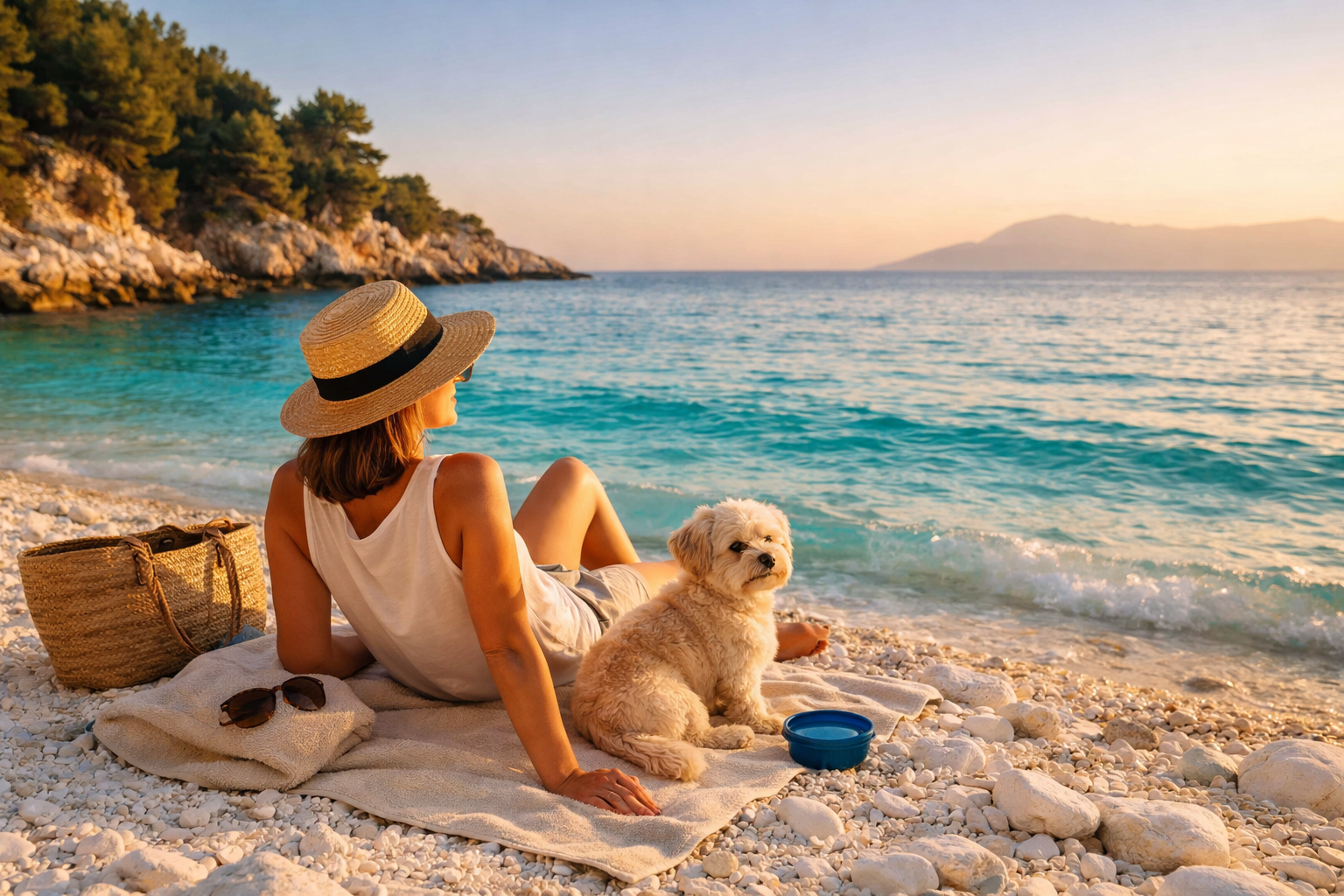 A dreamy travel scene on a white marble beach in Thassos, Greece, turquoise crystal clear water, golden hour light, a woman relaxing on a beige towel with her small fluffy dog sitting next to her, natural candid photography, warm tones, Mediterranean summer atmosphere, cinematic, high resolution, 16:9 ratio, lifestyle travel photography